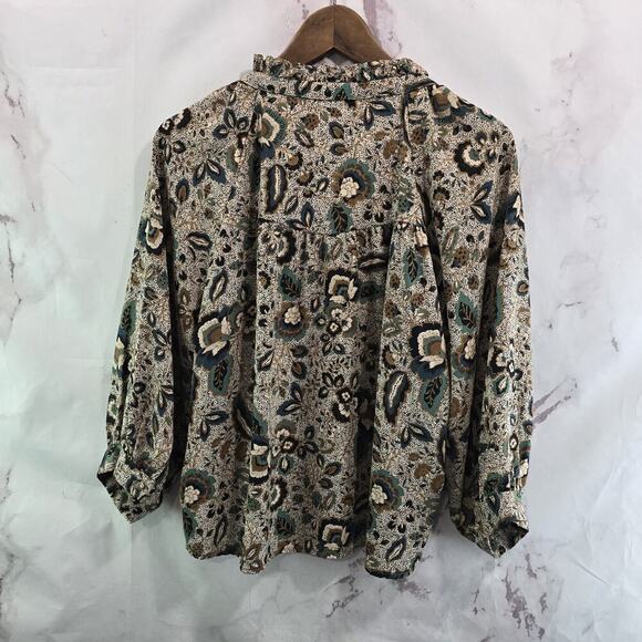 Evereve Shirt Women Medium Beige Blouse Popover Button Ruffle Long Sleeve Floral - Picture 5 of 13